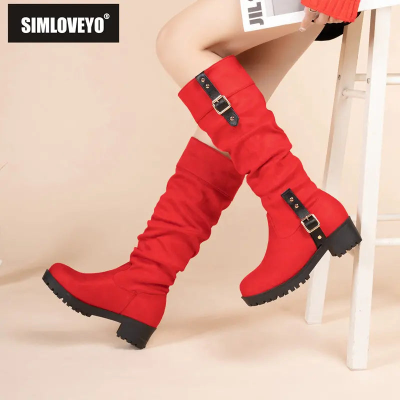 SIMLOVEYO Women Knee High Boots Round Toe Chunky Heels 5cm Flock Pleated Big Size 41 42 43 Daily Female Booty