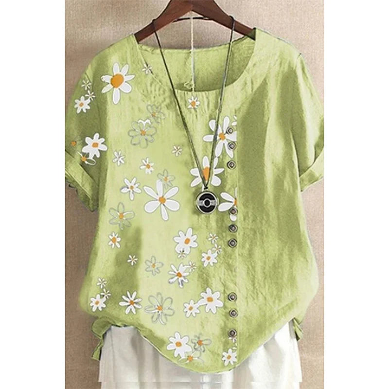 Summer Plus Size Linen Daisy Print Short Sleeve Blouses for Women Polyester Tee Shirts O-Neck Loose Pullover Top Lady Clothes