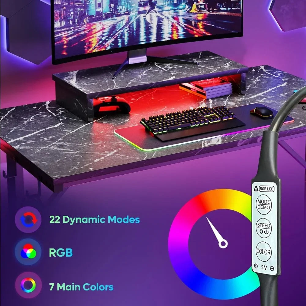 Gaming Desk with LED Lights, 42 inch Computer Desk with Monitor Stand Gamer Workstation with Cup Holder & Headset Hooks
