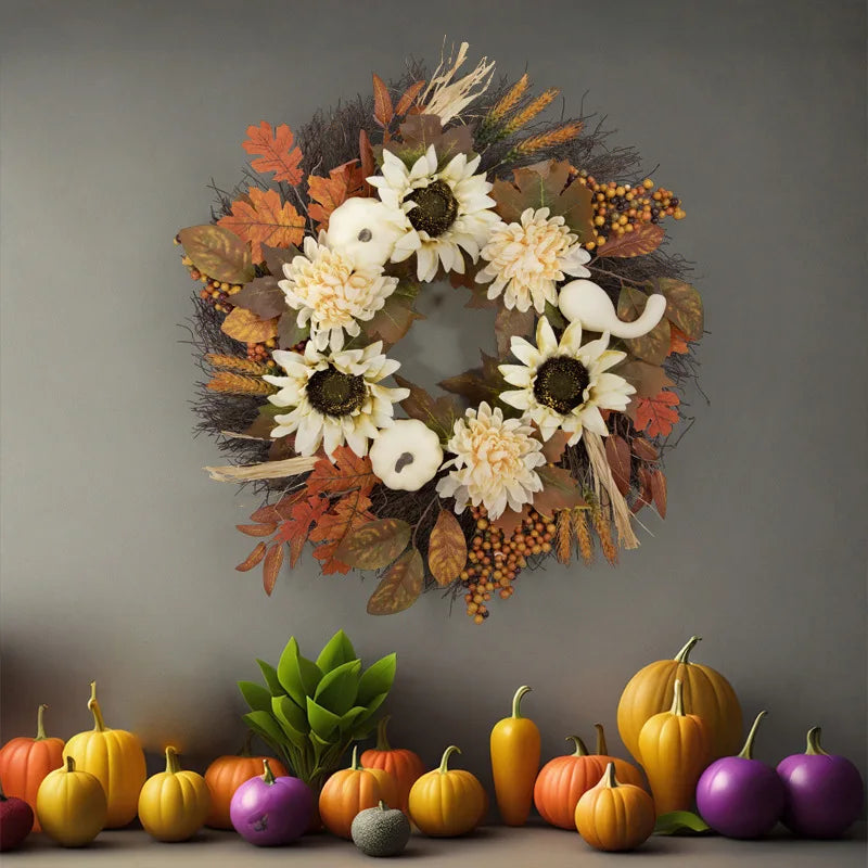 Fall Harvest Pumpkin Wreath Upside Down Thanksgiving Teardrop Pendant Sunflower White Pumpkin Maple Leaf Decorative Door Decor