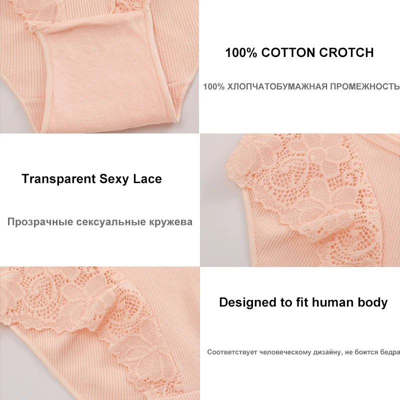 FINETOO 3Pcs Cotton Briefs Sexy Lace Underwear Transparent Lace Panties For Women Cotton Crotch Panty Stretch Lingerie Lady Pant