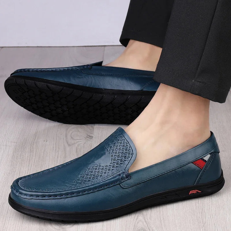 Moccasins Men's Loafers Blue Genuine Leather Casual Shoes Men's Business Formal Dress Flat Shoes Driving Luxury Shoes for Men