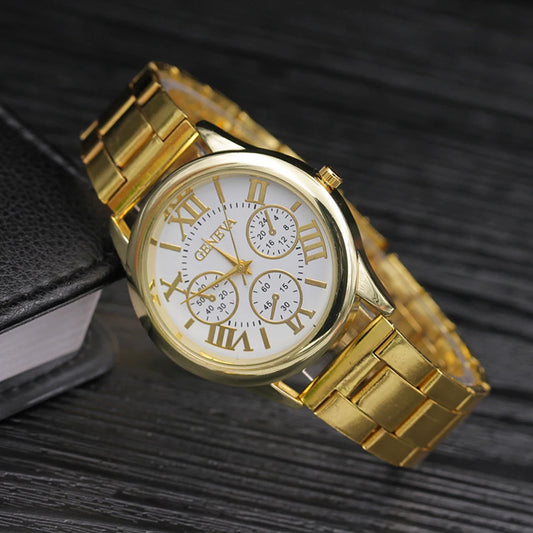 Classic  New 2024 Geneva 3 Eyes Gold Casual Women Watch   Men Stainless Steel  Ladies Clock Quartz Wristwatches