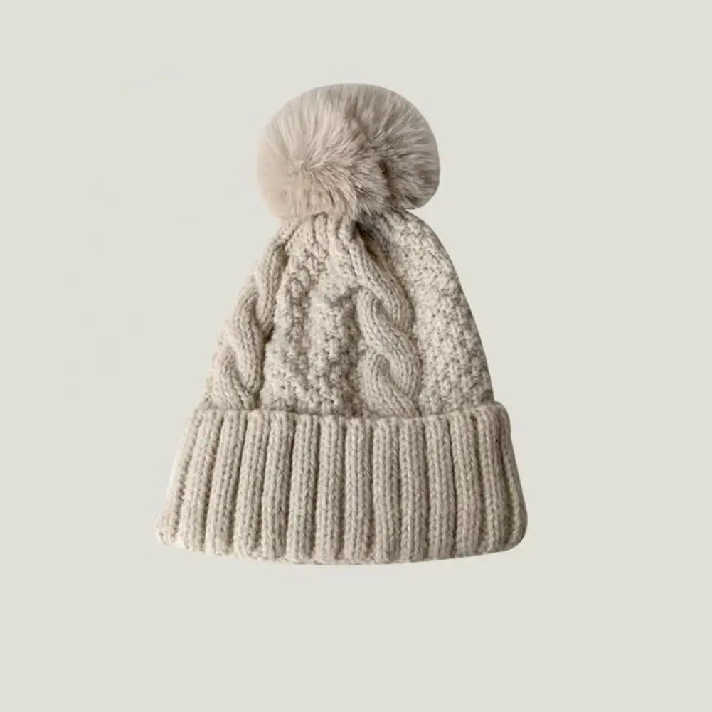 Fall Winter Women Hat Thickened Elastic Knitted Lady Beanie Twisted Pattern Ear Protection Plush Ball Decor Outdoor Cap