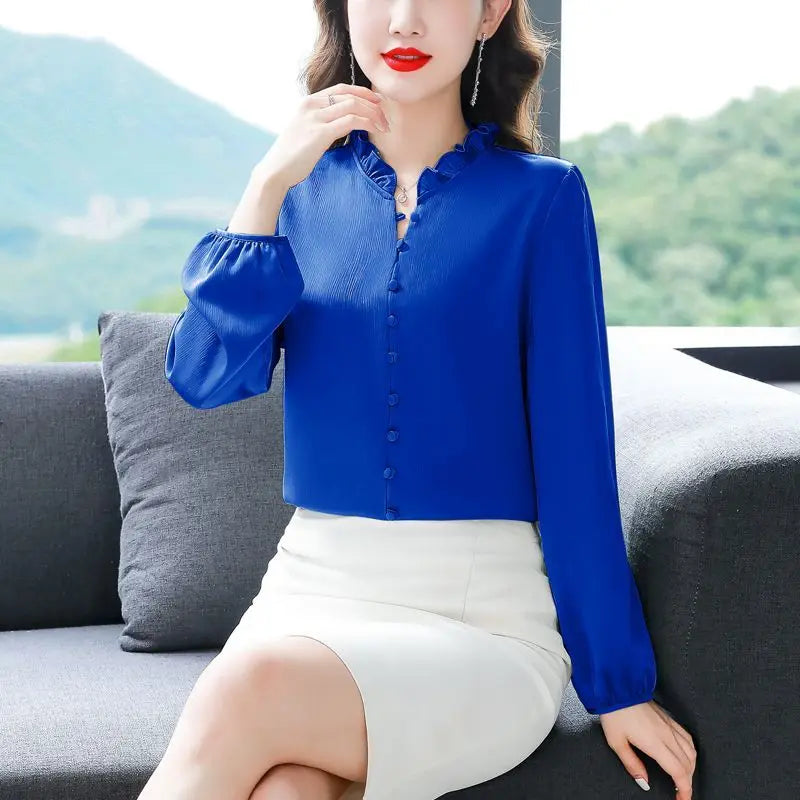 Women's High Quality Silk Ruffled Elegant Blouse Korean Fashion Solid Slim Office Lady Casual Shirt Long Sleeve Chic Tops Blusas