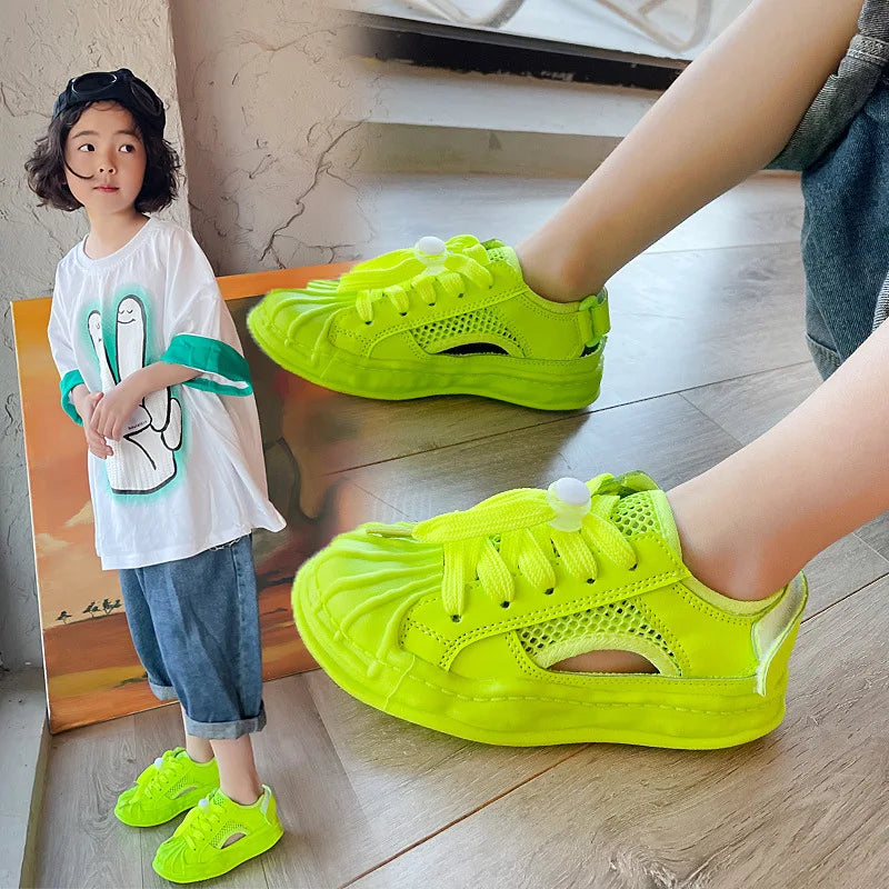 Children's Mesh Sneakers 2022 Summer Kids Fashion Boys' Breathable Running Shoes Hollow Girls Versatile Solid Pink School Shoes