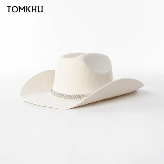 Hot Sell Fashion Elegant Wide Brim Wool Luxury Fedora Hat Fall Winter Warm White Cowboy Felt Hat Lady Panama Jazz Hat Wholesale