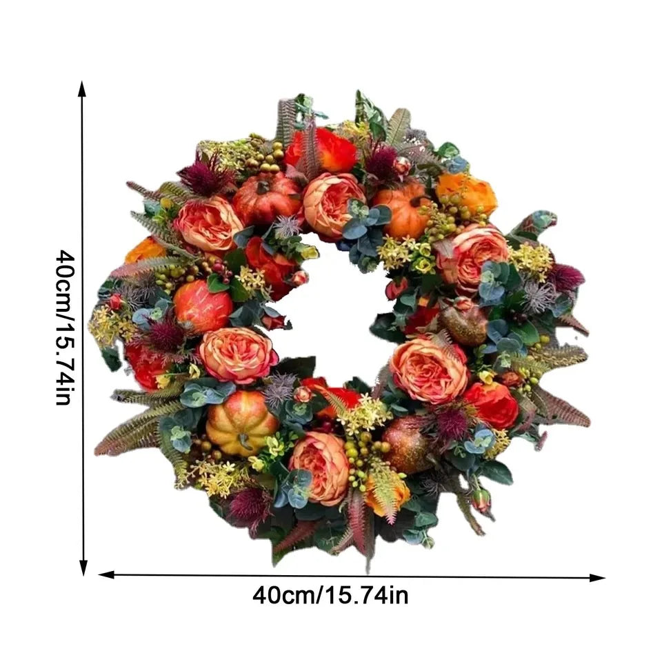 40cm Fall Peony and Pumpkin Wreath Simulation Garland for Front Door Farmhouse Decor Festival Celebration Thanksgiving Wreath