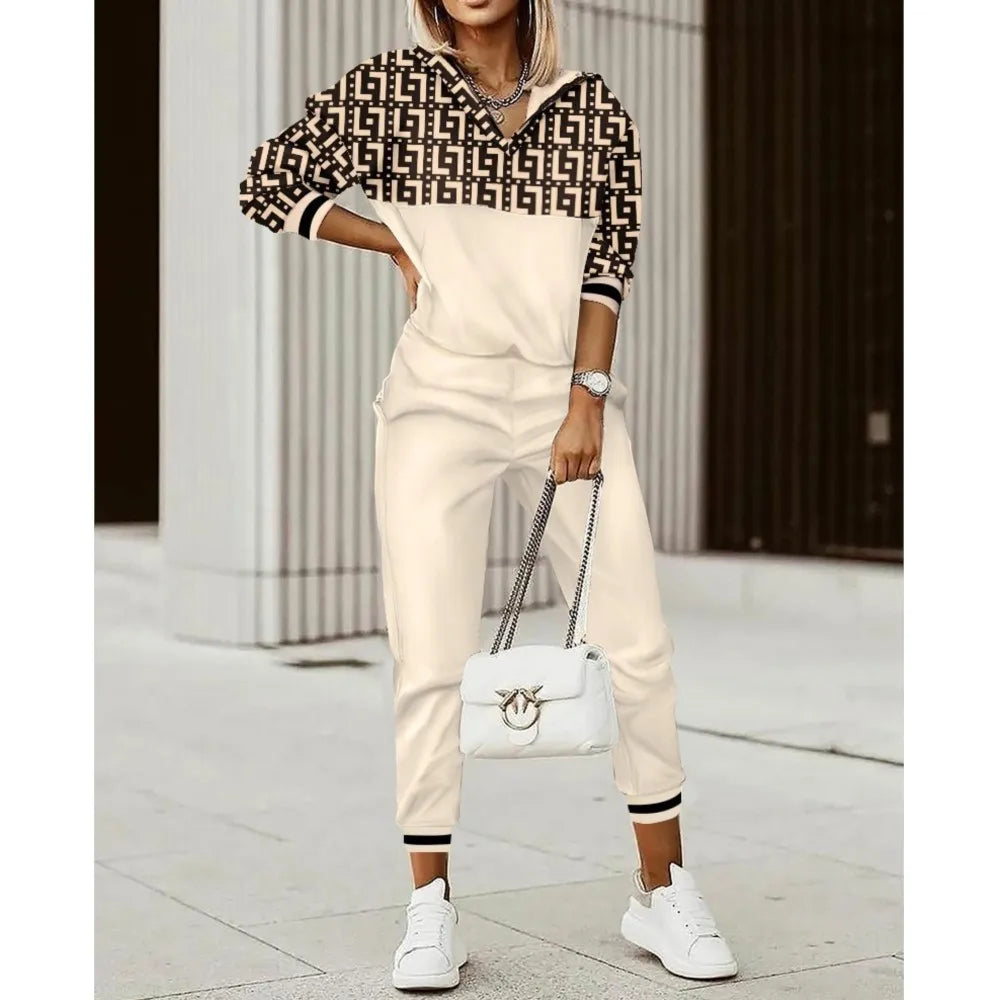 Vintage Maze Print Casual 2 Piece Sets Women Spring Autumn Fashion New Pullover Hoodie And Pencil Pants Set Casual Sport Suit