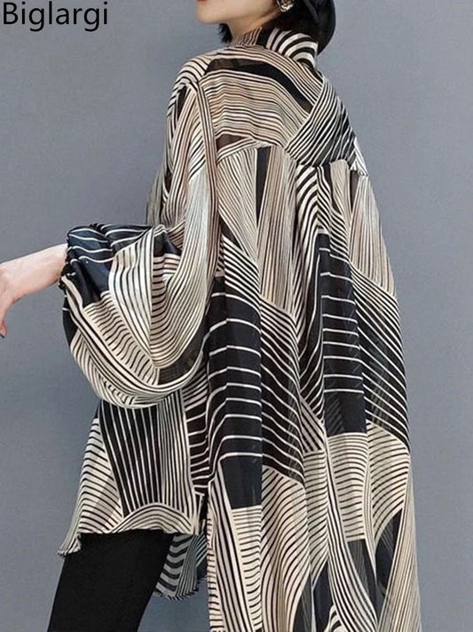 Oversized Striped Chiffon Summer Shirt Women Blouse 2023 Holiday Style Ladies Casual Sunscreen Loose Large Shirts 4XL Tops