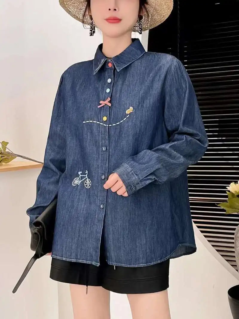 Mori girl style Japan fashion long sleeve lapel bike embroider denim shirts and blouses women jean shirt youthful woman clothes