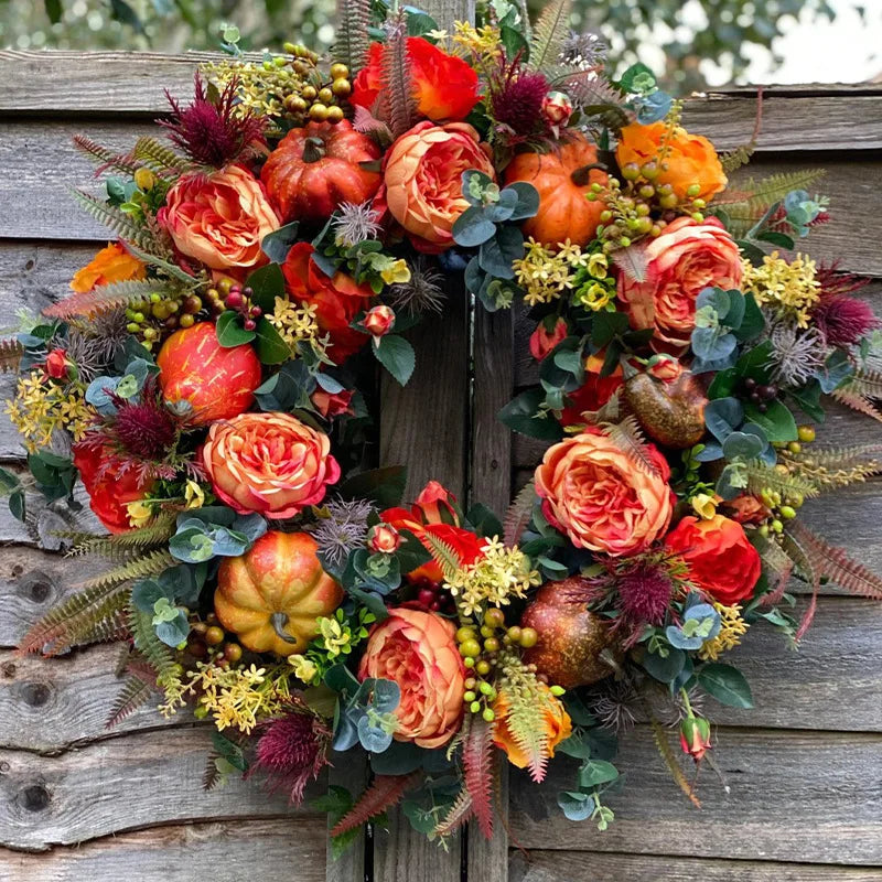 40cm Fall Peony and Pumpkin Wreath Simulation Garland for Front Door Farmhouse Decor Festival Celebration Thanksgiving Wreath