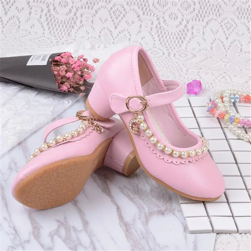 Princess Kids High Heels Shoes Kids Dress Party Leather Shoes Baby Girls Children's White Shoes Enfants Wedding for Girl