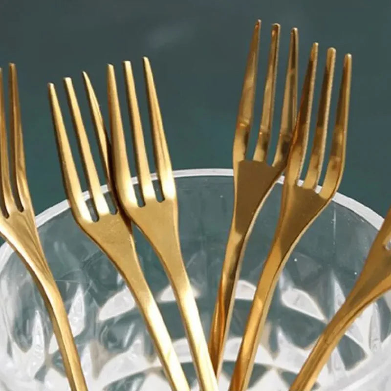 5Pcs Luxury Stainless Steel Fruit Fork Gold Color Leaf Shape Flatware Coffee Stirring Snack Cake Dessert Fork Kitchen Tableware