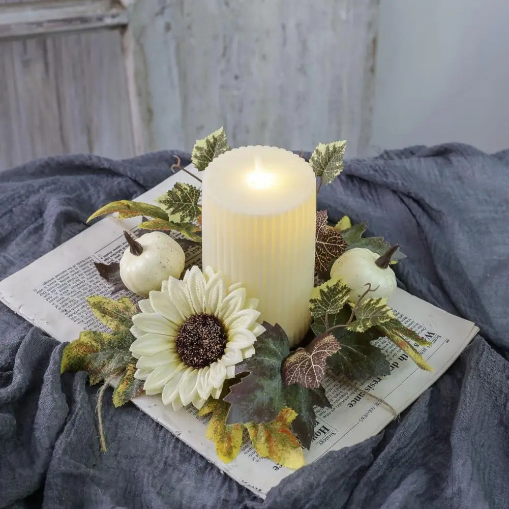 Autumn Table Decoration Fall Harvest Candle Ring Wreath Set with Artificial Pumpkins Sunflowers Maple Leaves Boho for Home