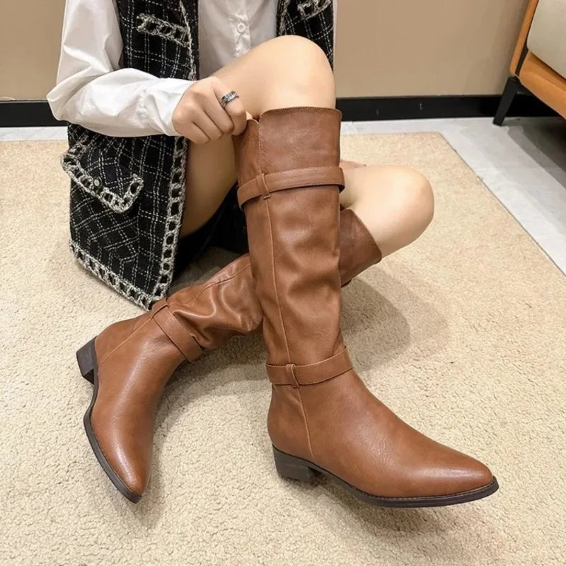 New Designer Knee High Boots for Women 2023 Autumn Winter English Style Pointy Head Platform Boots Ladies Luxury Shoes Woman