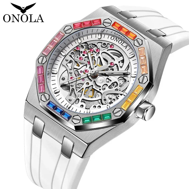 ONOLA Fashion Mens Automatic Watches Luxury Waterproof Rainbow Ice Diamond Sport Silicone Strap Men Mechanical Wristwatches 2024