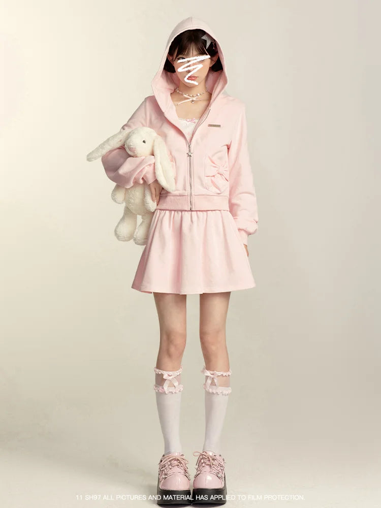 Japanese Style Sweet Pink Sweatshirt Set Y2k Girl Hooded Zipper Hoodies High Waist A-line Pleated Mini Skirt Two-piece Set Women