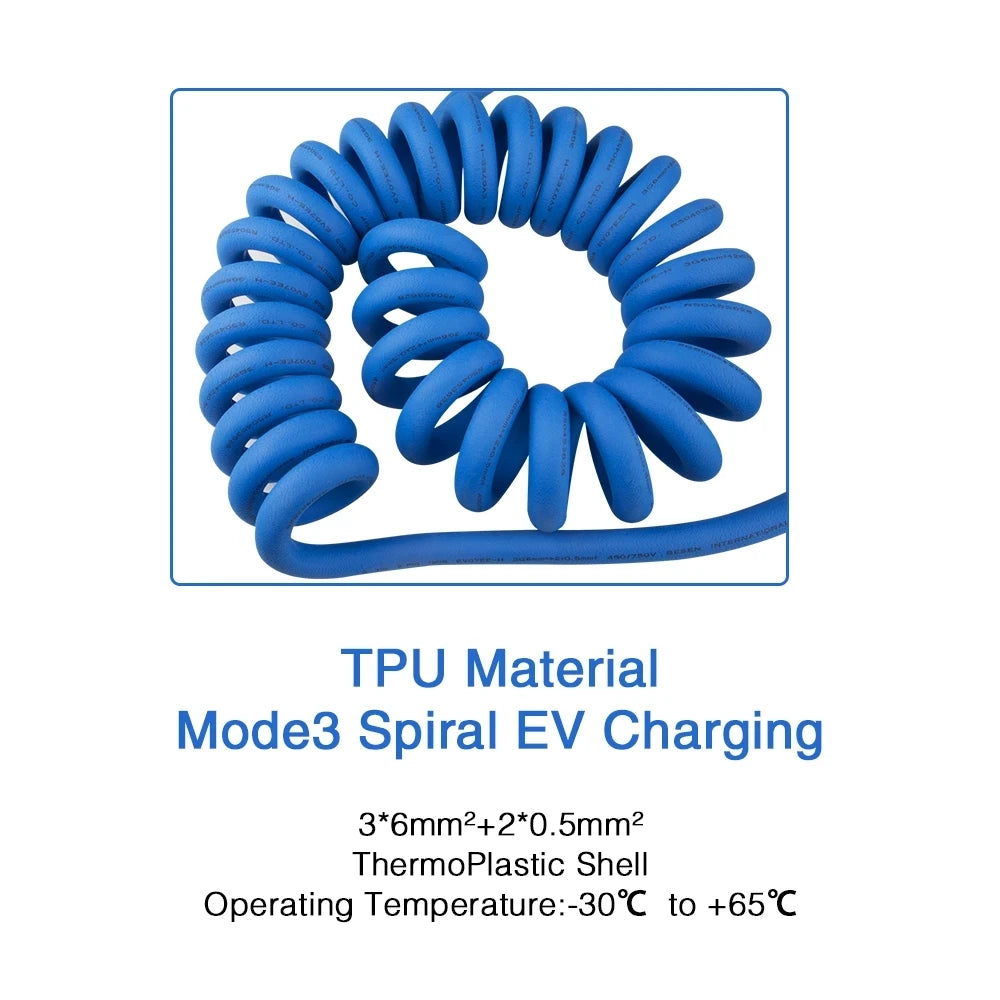 EV Chaging Spiral cable Type 2 To Type2 EV blue Coilced Cables EVSE 22KW 32A 3Phase For Electric Vehicle Car Charger Stations