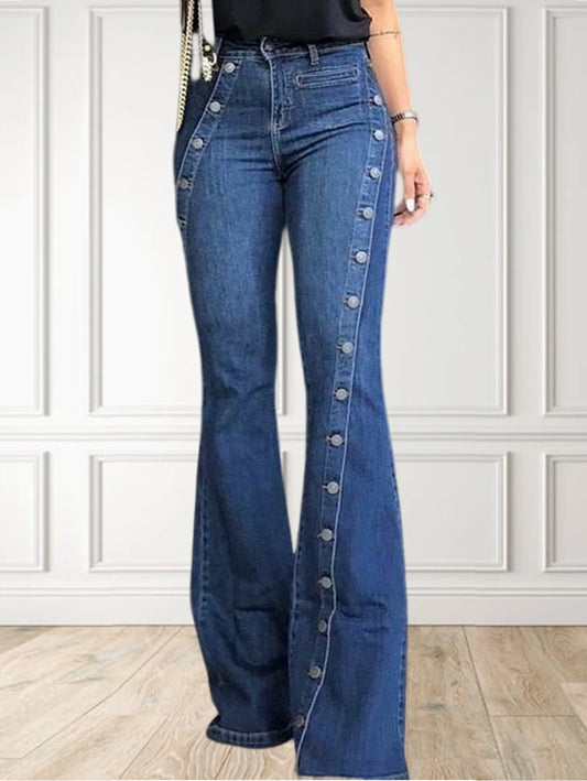 Women Fashion Plain Button Decor Flare Leg Long Denim Pants Flare Jeans Jeans Ladies High Waist Skinny bottom Wide Leg  Jeans