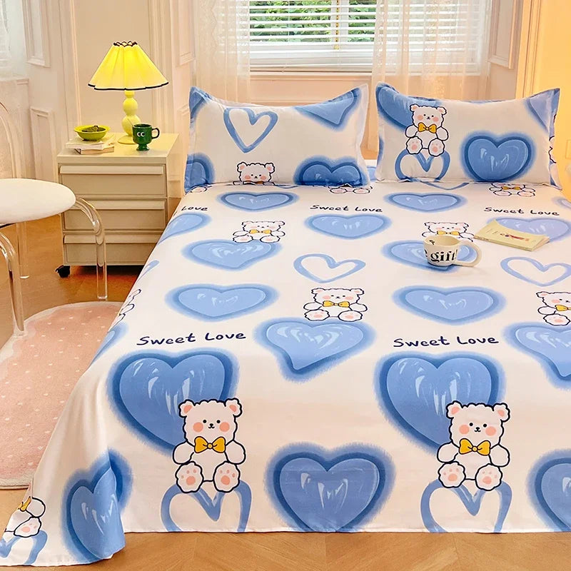 Cute Cartoon Bear Bed Sheet Set Love Heart Print Flat Sheet & 2 Pillow Sham Luxury Bed Cover Soft Top Sheets Decorative Bedding