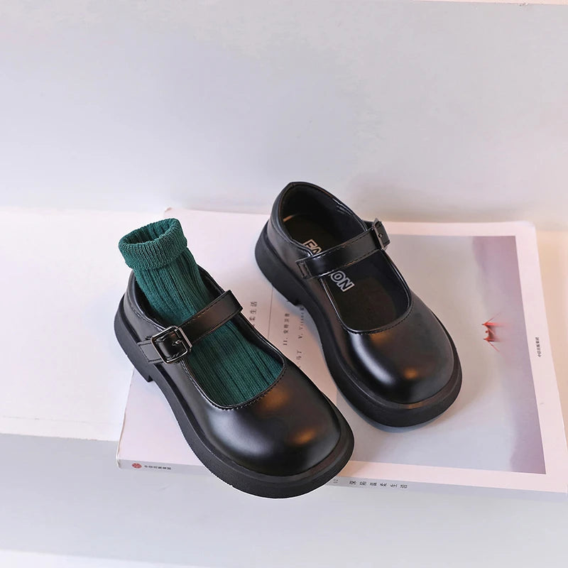 2024 New Girls Leather Shoes Versatile Buckle Black Children Casual School Shoes PU Non-slip Kids Fashion Loafers Korean Style