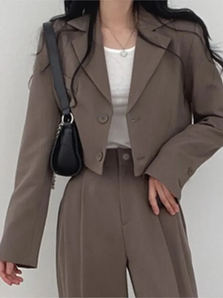 Women's Solid Casual Suits Blazer Jacket Wide Leg High Waist Pants Office Lady Autumn Spring Crop Tops Coats Two Piece Sets