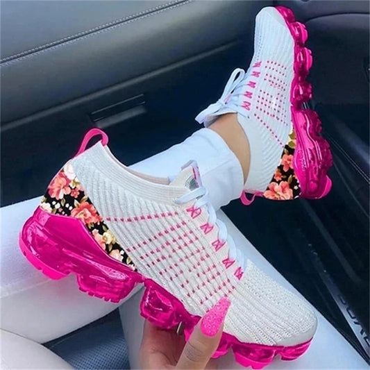 2023 New Sneakers Women Spring Fashion Knitted Fabric Floral Lace Up Ladies Casual Shoes Larged-Size Flats Running Sport