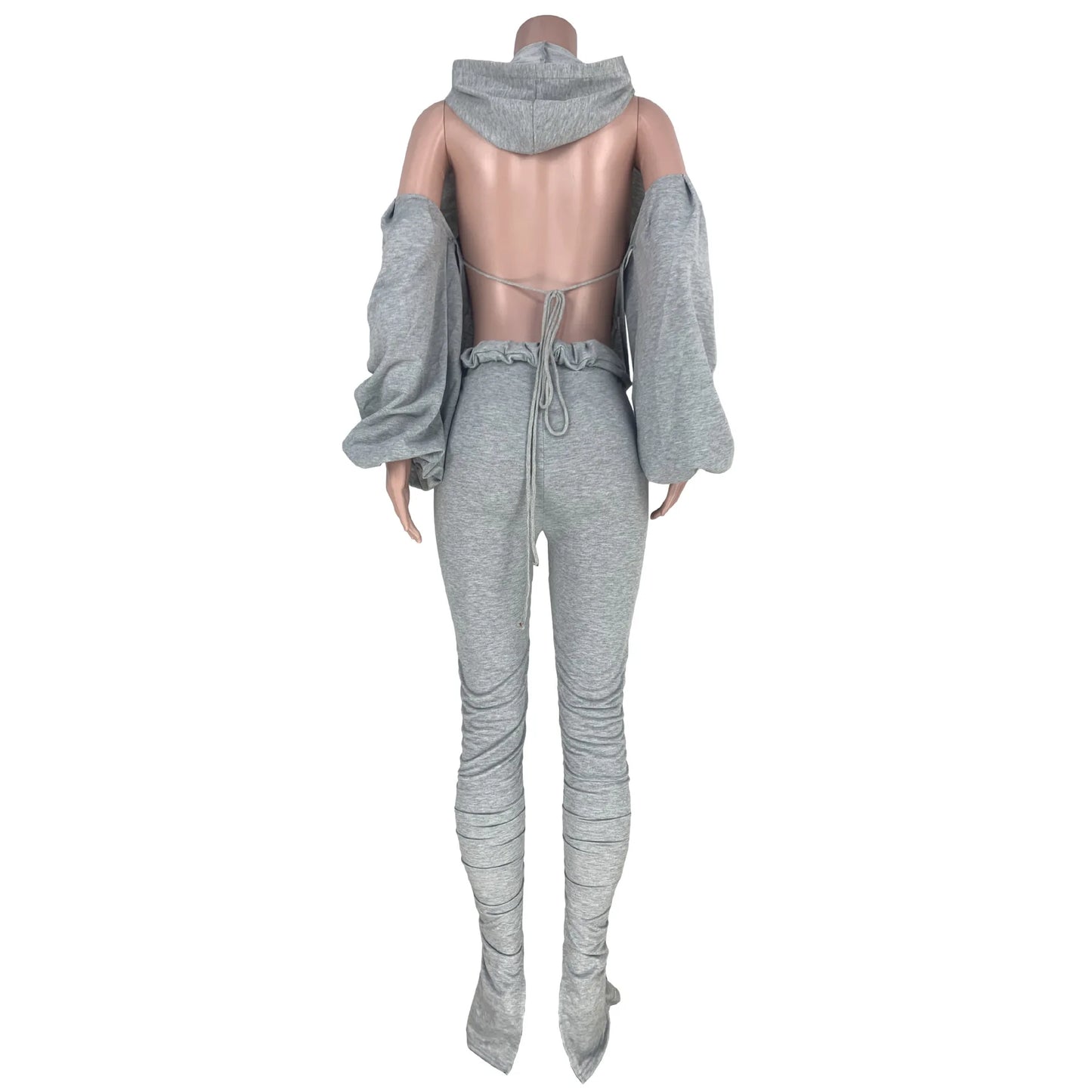 Winter Tracksuit Set Women Backless Hooded Sweatshirt & Stacked Pants Outfits Fashion Jogging Suit Ladies Winter 2-Piece Sets