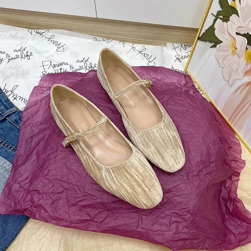 2024 Women Shoes Luxury Velvet Ballet Shoes Women Square Toe Flat Mary Janes Ladies Fashion Buckle Strap Velour Shallow Loafers