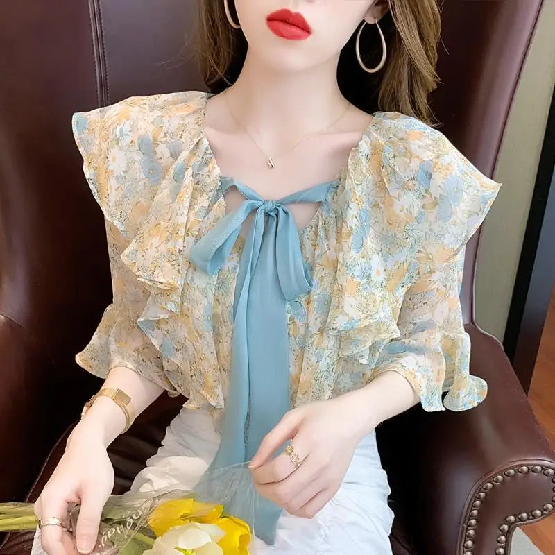 Chiffon with Bow Women's Shirts and Blouses Floral Top for Woman Ruffle Frill V Neck Clothing Youthful New Collection 2024 Trend