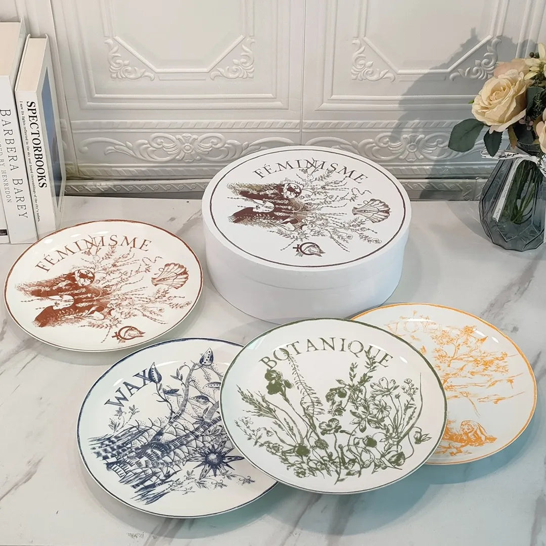 Utopian Garden Dinner Plates, Bone China, Western Food Plate Set, Dessert Plate, Tableware Dinnerware, Home Kitchen, 4Pcs