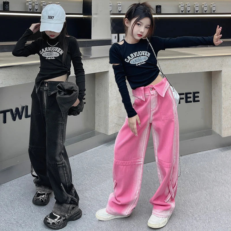 autumn teen girls high waisted straight leg jeans Gradient color wide leg cowboy pants/Cotton off shoulder T-shirt Floor trouser