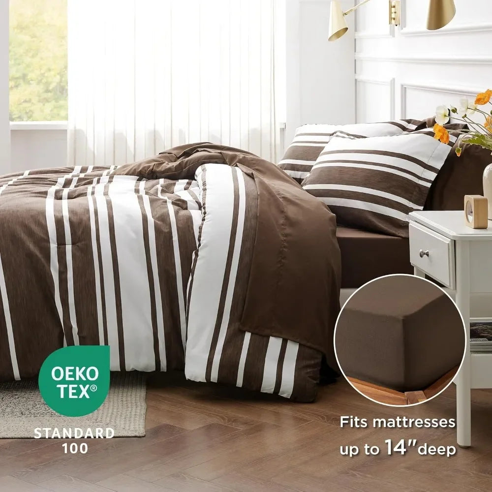 Bed Sheet 7-Piece Brown White Striped Bedding Comforter Sets, All Season, 2 Pillow Shams, Flat Sheet, Fitted Sheet, Bedspread