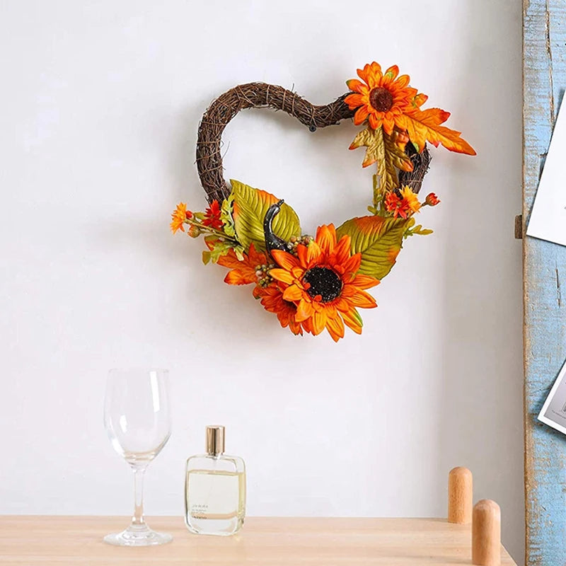 Artificial Fall Wreath For Front Door Porch, Autumn Wreath With Heart Shaped Sunflower Pumpkin Gourd Maple Leaves