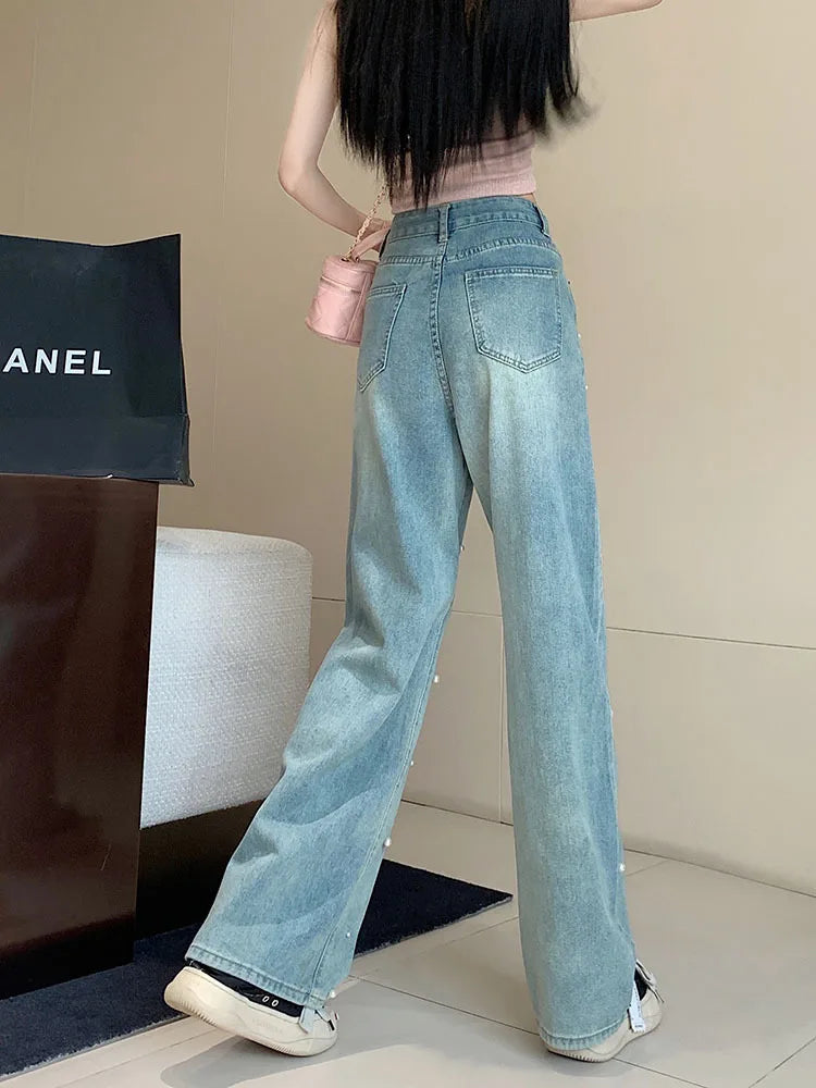 2023 Spring and Summer New Design Sense Pearl Slimming Loose Casual Baggy Jeans Straight-Leg Pants Women's Long Trousers Fashion