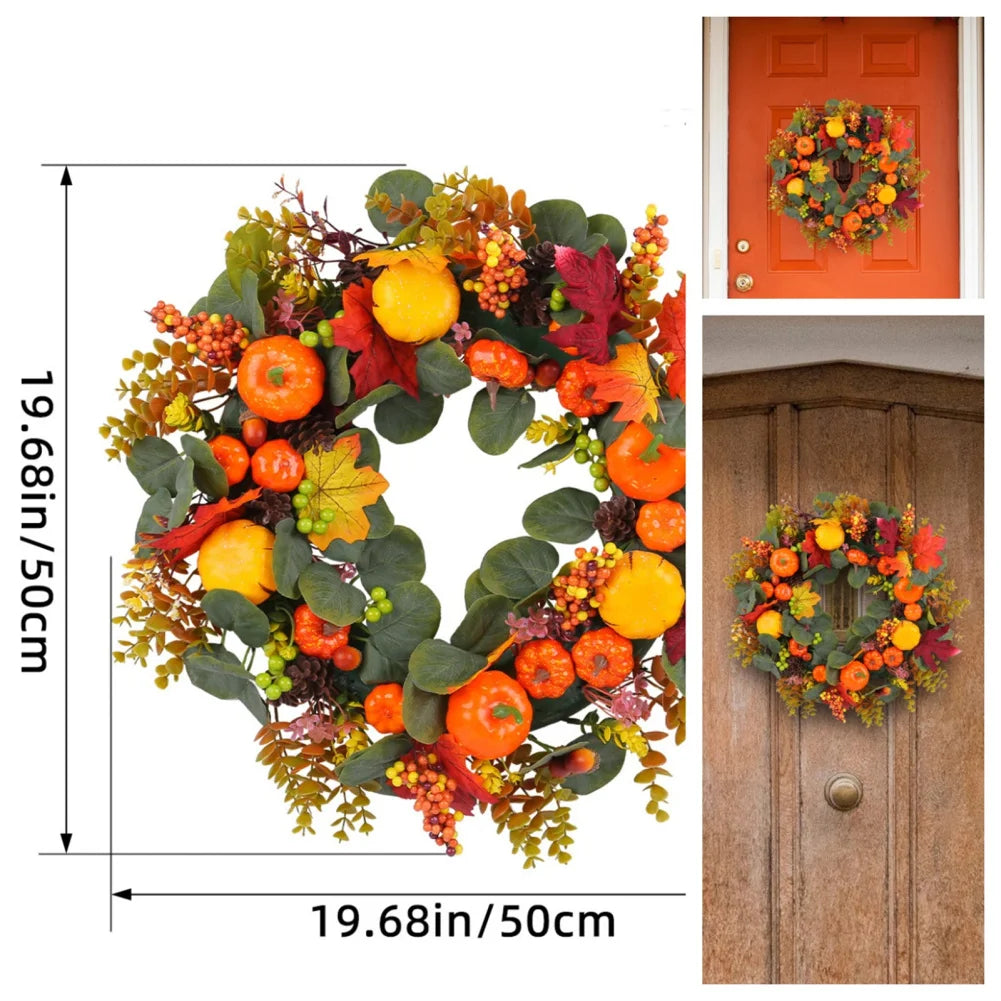 Fall Wreath Artificial Pumpkin Wreaths Wall Hanging, Farmhouse Fall Decorations Eucalyptus Leaves Plump Berries For Harvest