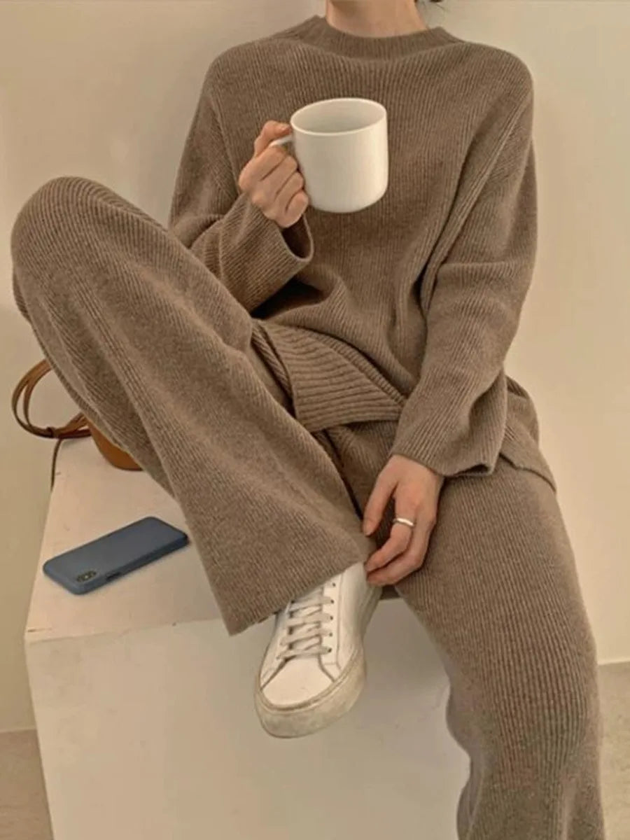 Autumn Women Knitted Tracksuit Casual Sweater Tops + Wide-Leg Straight Pants Suit 2 Piece Set Solid Femme Fashion Ribbed Outwear