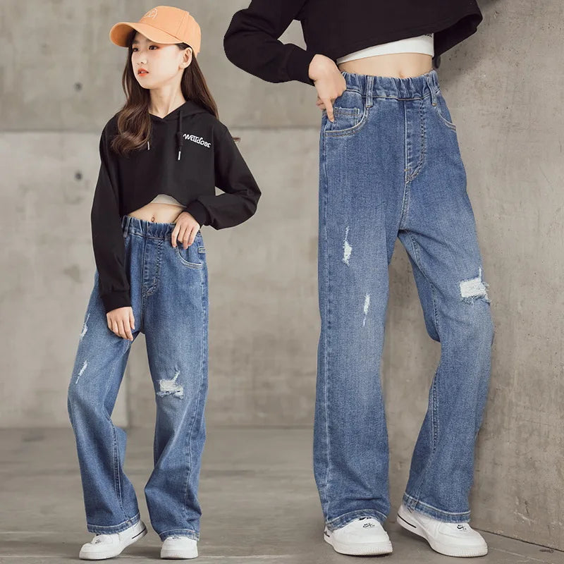 Spring Autumn Fashion Loose Straight Pants Girls Hole Wide Leg Jeans Teenage Casual Hundred Streetwear Simple Child Trousers