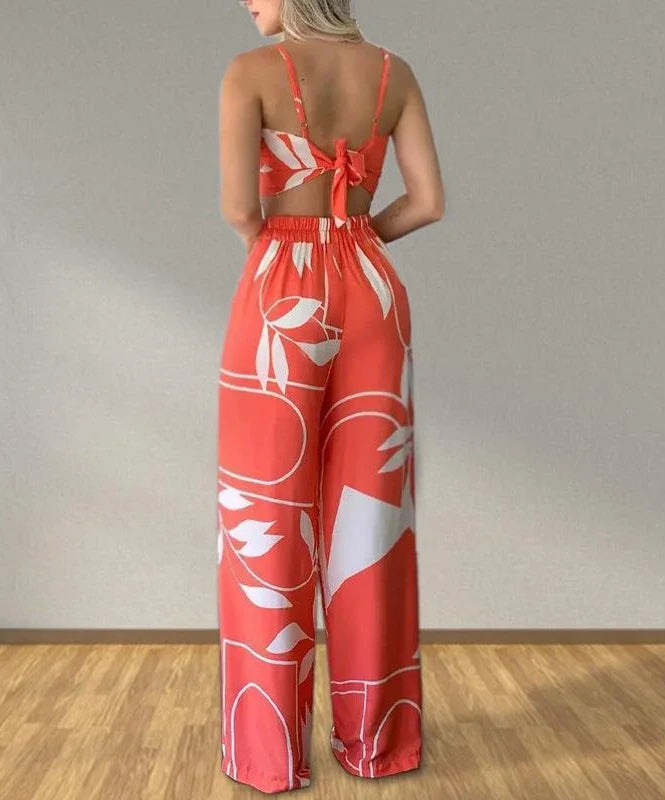 Elegant Pants Set Women 2 Piece 2024 Summer New Print Temperament Sexy Cami Top & Fashion Straight Leg Trousers Casual Suits