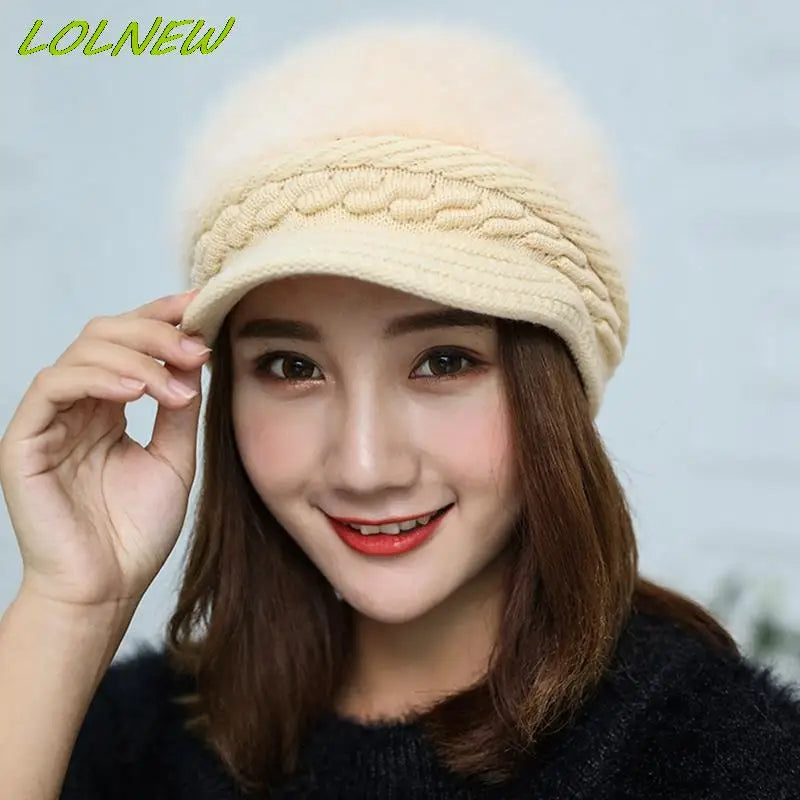 Winter Warm Beret Hat for Women Wool Knitted Hat for Mom Rabbit Fur Beret Solid Fashion Lady Cap Fall Hat Female Bonnet Caps