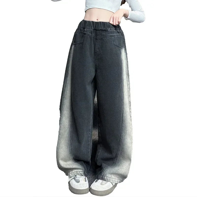 Girls Jeans for Kids New Gradient Color Fashion Denim Wide Leg Pants 2024 Spring Autumn Teenagers Loose Long Trousers 5-14Years