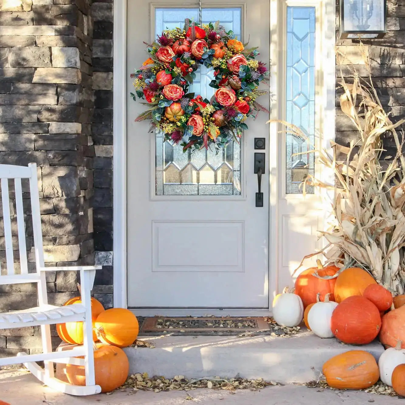 40cm Fall Peony and Pumpkin Wreath Simulation Garland for Front Door Farmhouse Decor Festival Celebration Thanksgiving Wreath