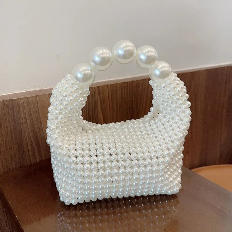 Beaded Woven Tote Bags for Women Pearl Purses and Handbags Ladies Evening Party Hand Bags Holiday Purse