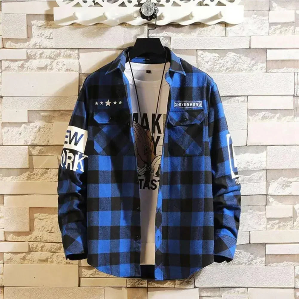 Plaid Shirt Street Style Shirt Plaid Print Men's Cardigan Coat Fall Winter Long Sleeve Formal Top Shirt with Turn-down Collar