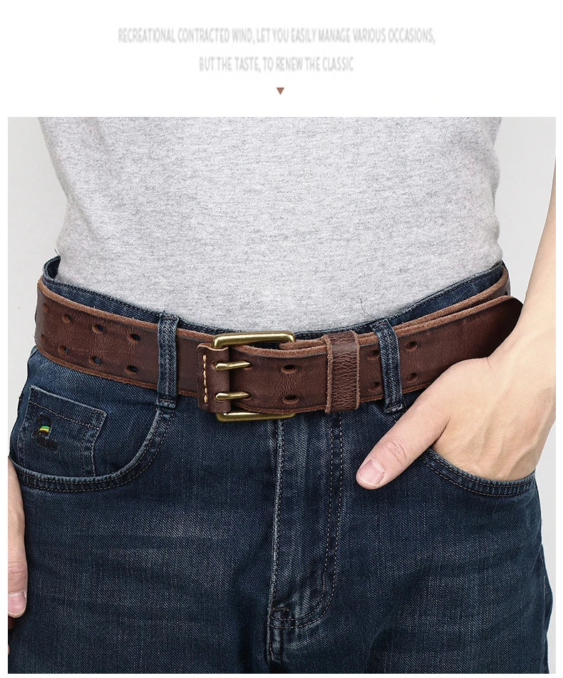 Belt For Men Leather Work Heavy Duty Double Buckles Dlawed Genuine Leather 3.8cm Male Copper Buckle Retro Brown  Men's Belt