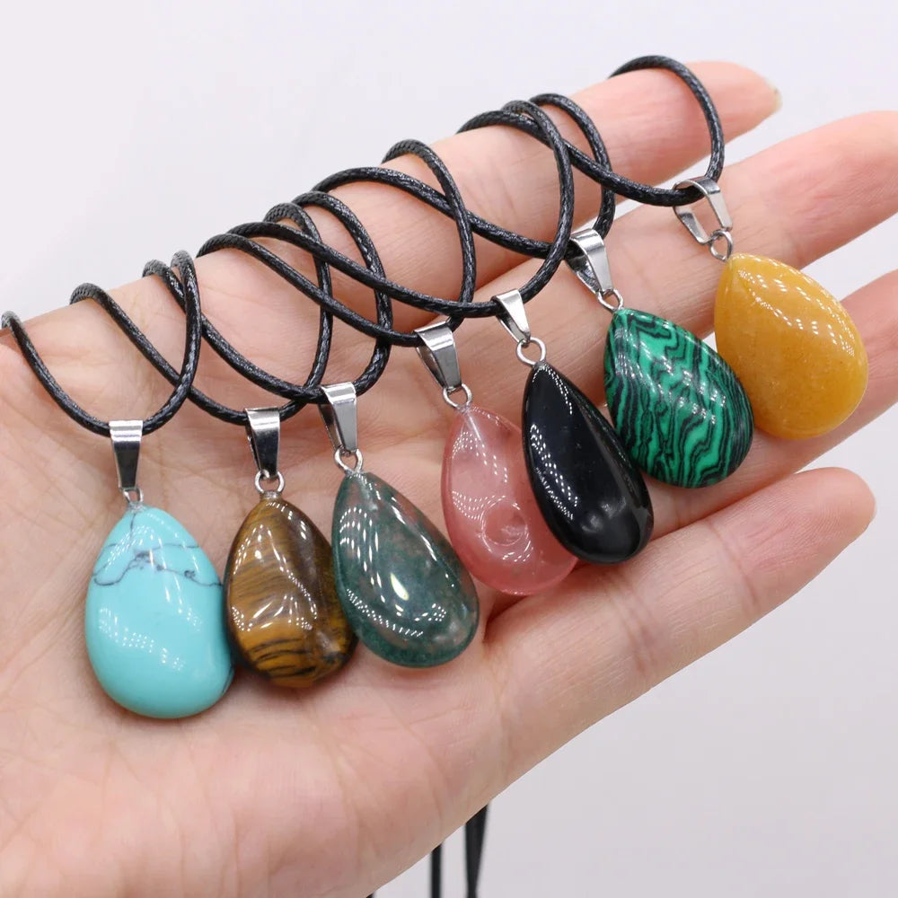 1PC Natural Tiger Eye Stone Crystal Agat Pendant Necklace Water Drop Shape Malachite Charms Ladies Necklaces Jewelry Gift