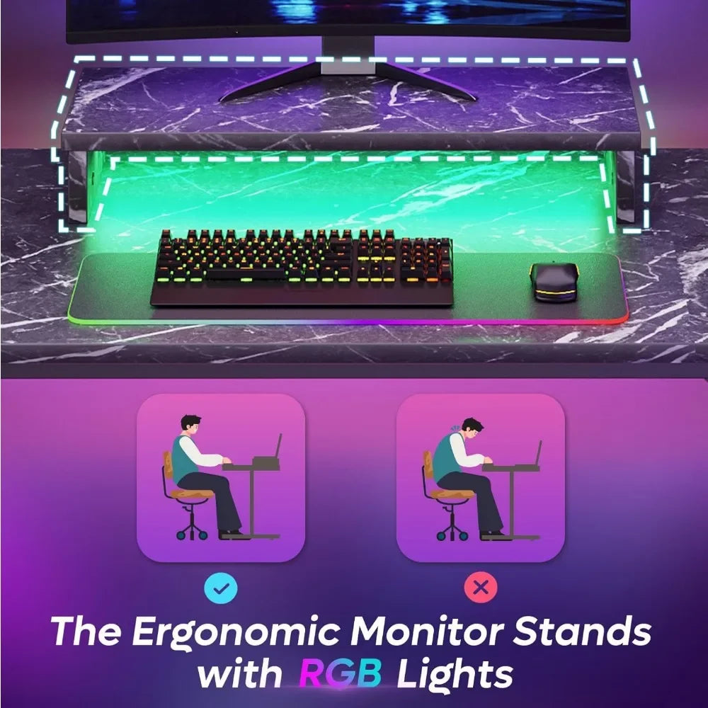 Gaming Desk with LED Lights, 42 inch Computer Desk with Monitor Stand Gamer Workstation with Cup Holder & Headset Hooks