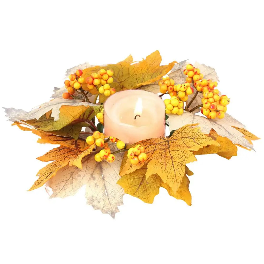 2 Pack Fall Candle Rings Wreaths 11" Artificial Maple Leaves And Berries Candle Rings For Farmhouse Halloween Table Decor