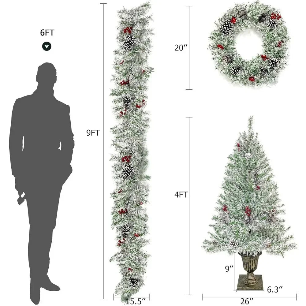 Christmas Decor Xmas Tree Holiday White 4-Piece Set,Wreath, Garland and Entrance Trees Set of 2,with 340 LED Warm Lights